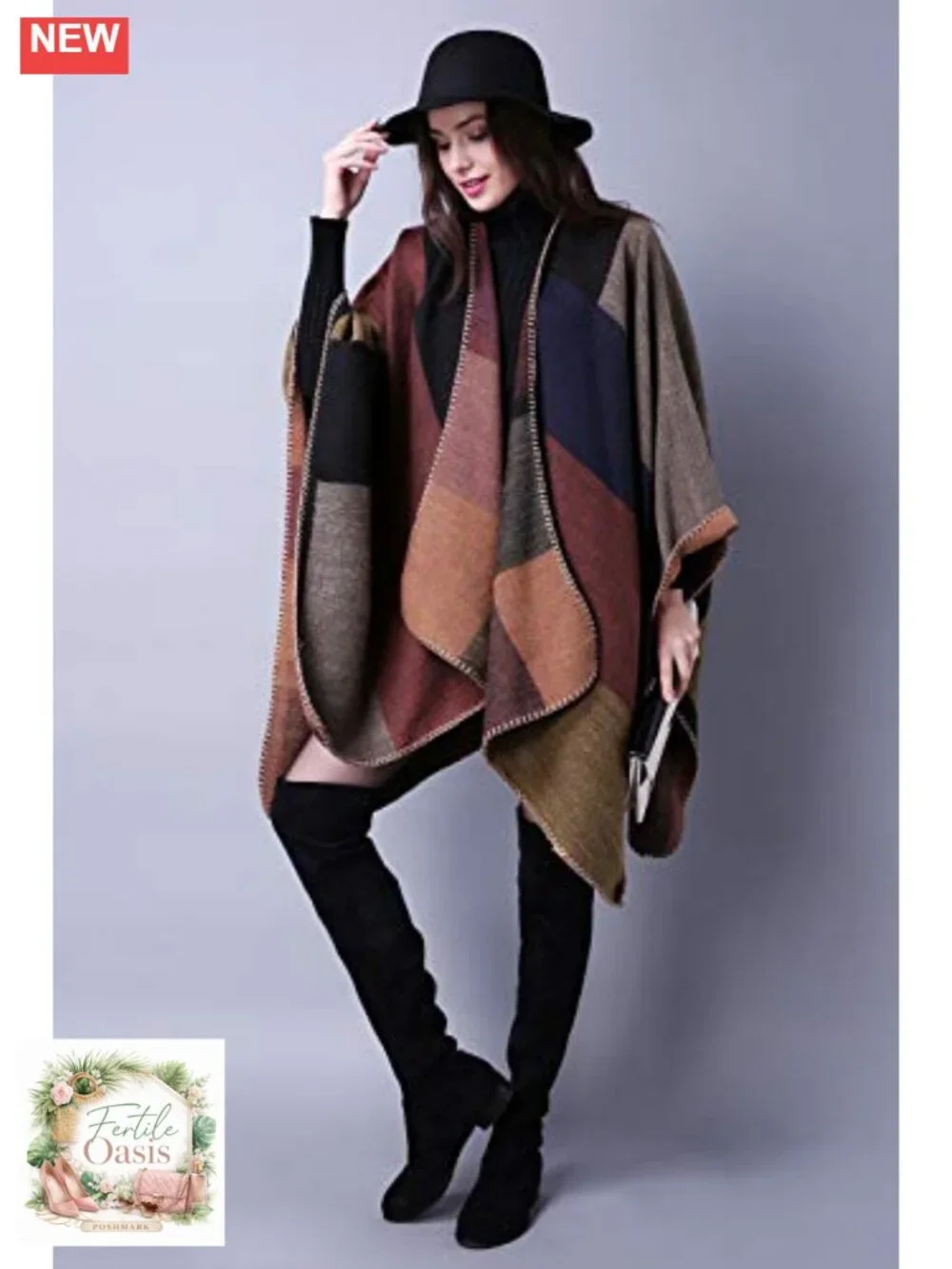 Reversible Plaid Poncho Shawl Wrap Sweater Cape | Long Sleeve, Oversized, Open